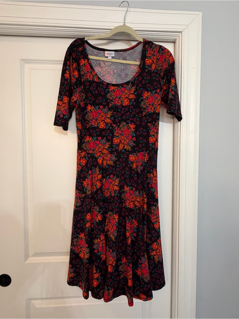 LuLaRoe Black Midi Dress with Red & Orange Floral Print